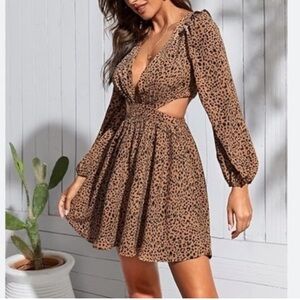 Leopard Print Cutout Long Sleeve Dress